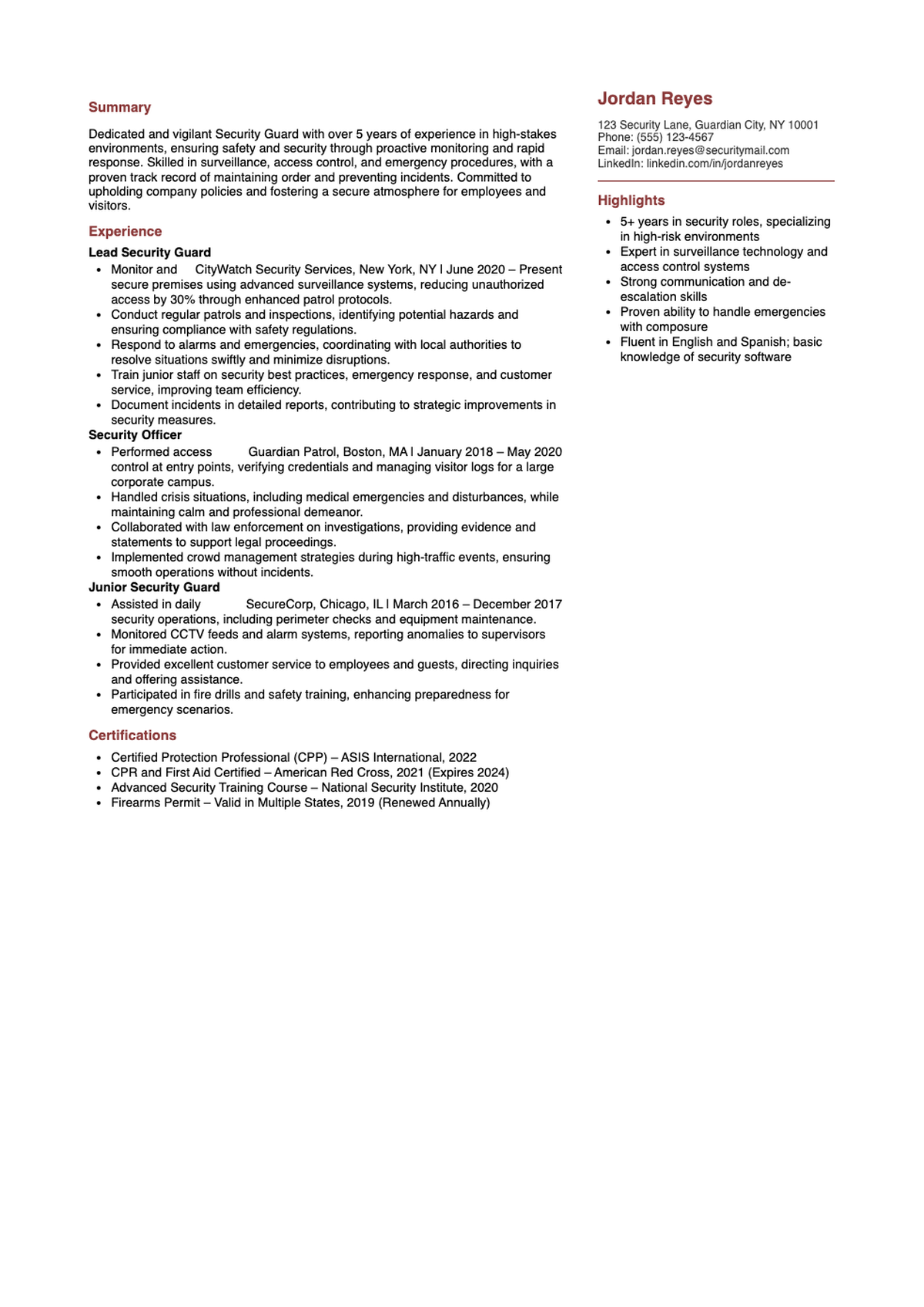 Professional security guard resume with experience highlights and certifications_variant_1